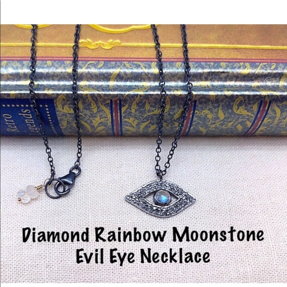Diamond & Rainbow Moonstone Evil Eye Oxidized Sterling Silver Necklace, NWT, 18” - Picture 1 of 8